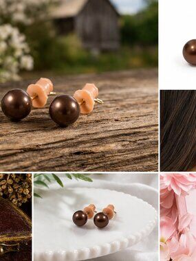 SE-05-14K Gold Brown Pearl Stud Earrings Classic Minimalist Jewelry
